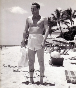Fidler on a resort beach in the 1940s.